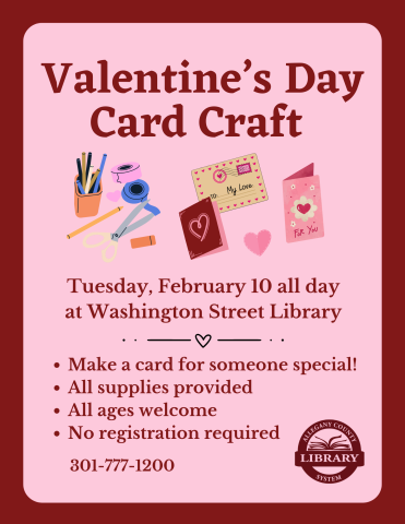 Valentine's day card craft graphic, pink and red with craft supplies and cards