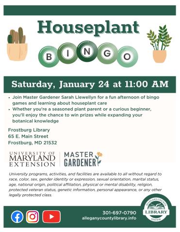 Houseplant bingo at Frostburg Library flyer