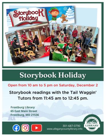 Photos of kids reading with therapy animals and elves reading with children. All text details included in event descriptions.