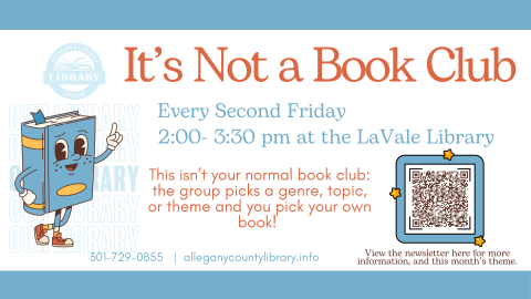 blue and orange graphic with retro style.  blue book character points to event details: it's not a book club next meeting