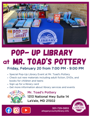 Pop Up Library at Mr Toads Pottery Friday 2/20 7pm- 9pm