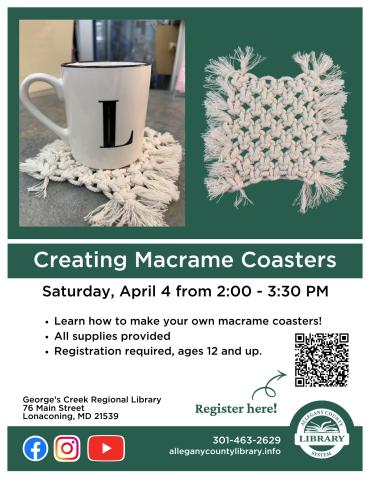 Graphic of Creating Macrame Coasters at George's Creek Library.