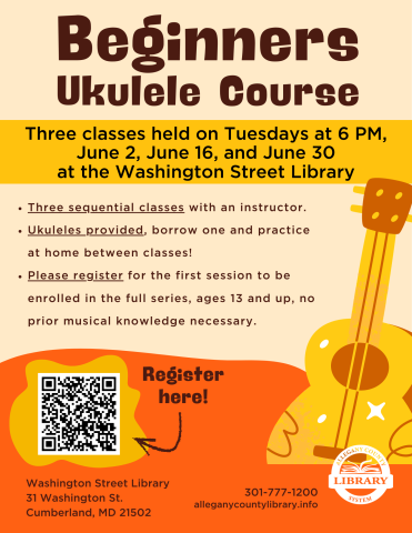Yellow ukulele and QR code with event details
