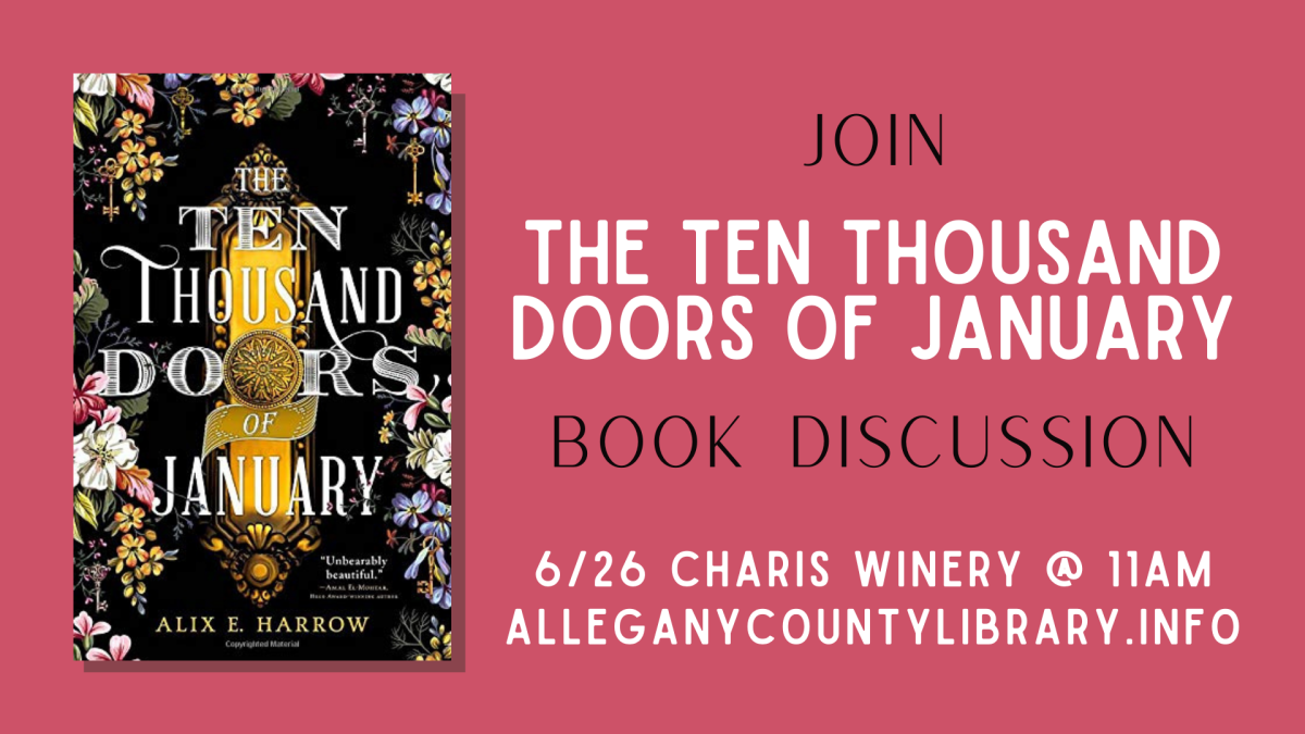 Cover for Ten Thousand Doors of January by Alix E. Harrow, which is black with purple and yellow flowers around edges and gold doorknob in center. With title in writing beside cover. 