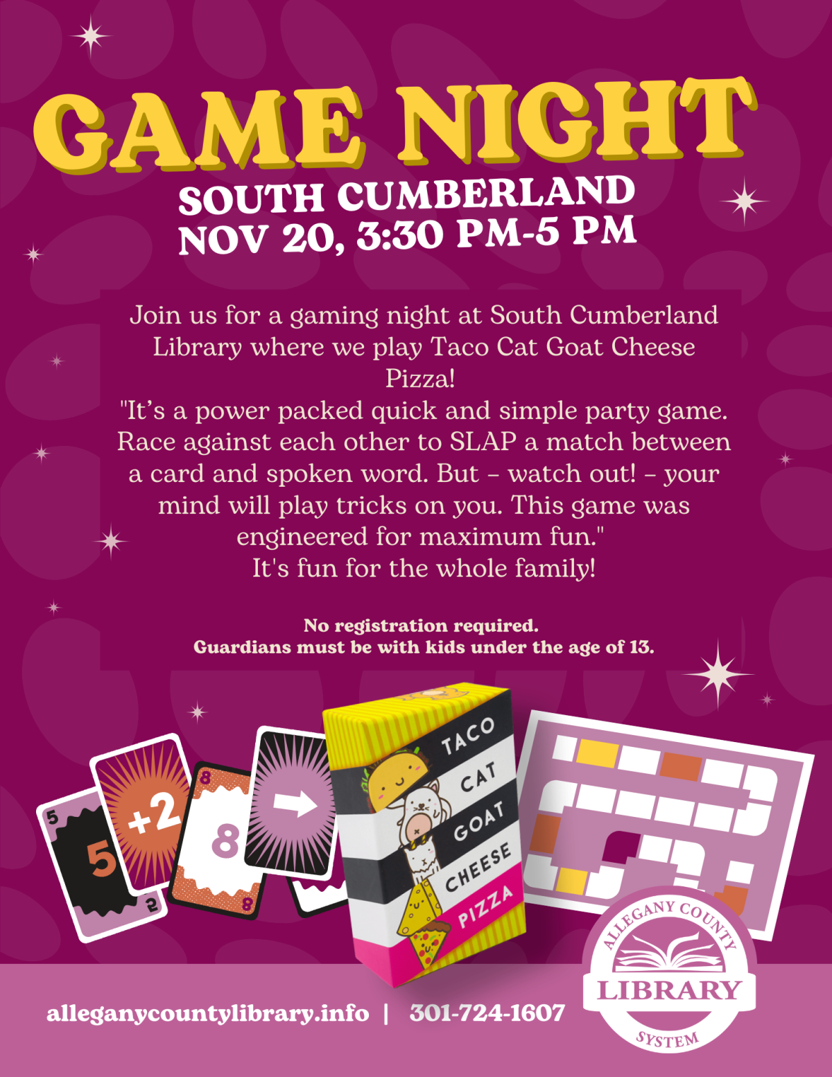 Game Night at South Cumberland Library: Taco Cat Goat Cheese Pizza 