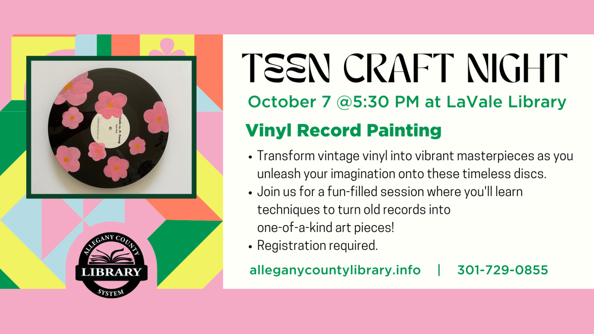 event description and a photo depicting a vinyl record that has been painted with pink flowers