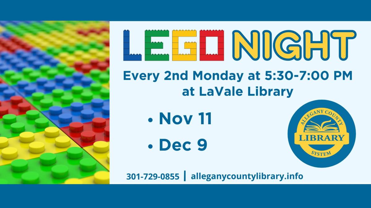 image is of red yellow green and blue legos with information about lego night including dates and time