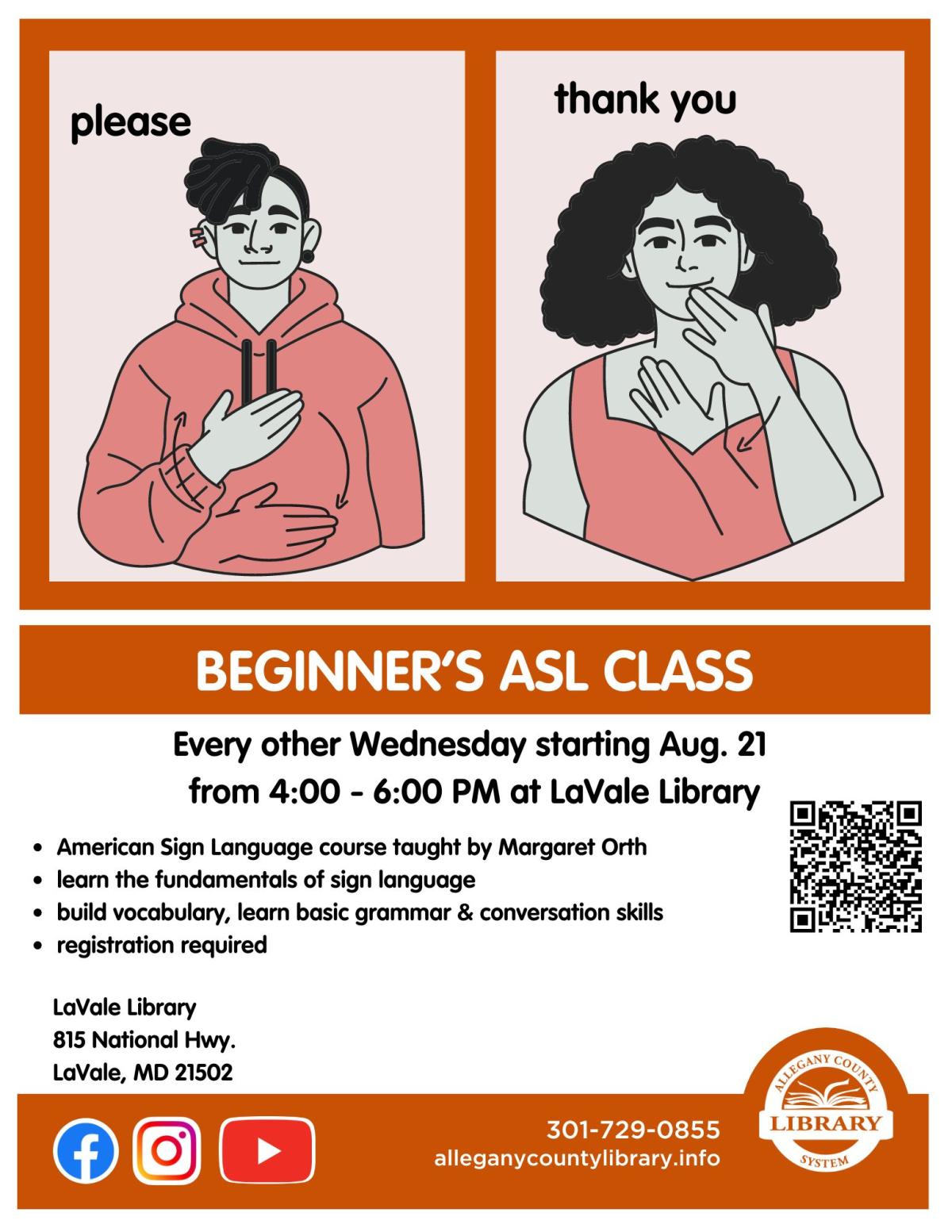 American Sign Language class flyer.  Two illustrations of people signing with event information.