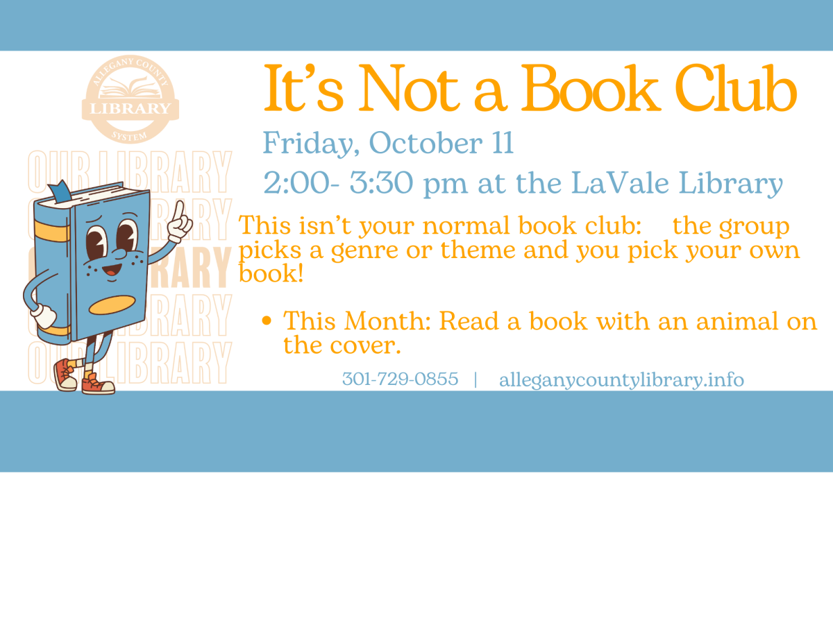 blue and yellow graphic with retro style.  blue book character points to event details: it's not a book club next meeting