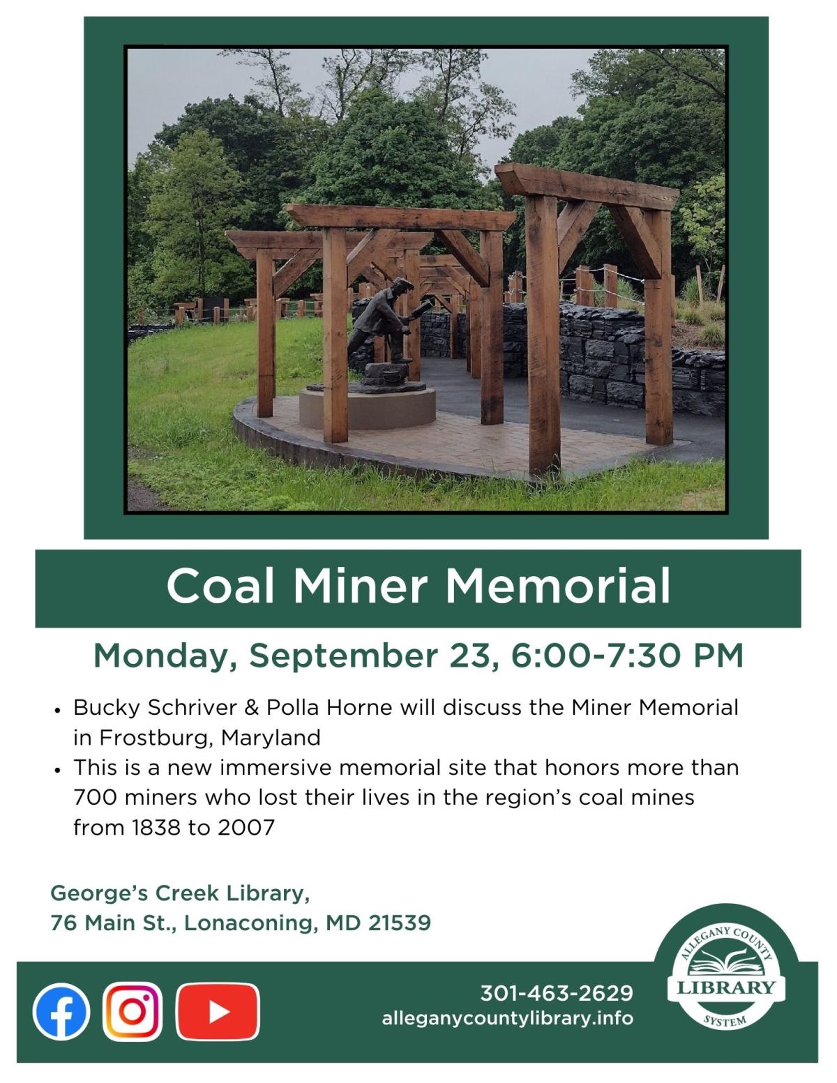 Coal Miner Memorial Park Flyer with a photo of the structure