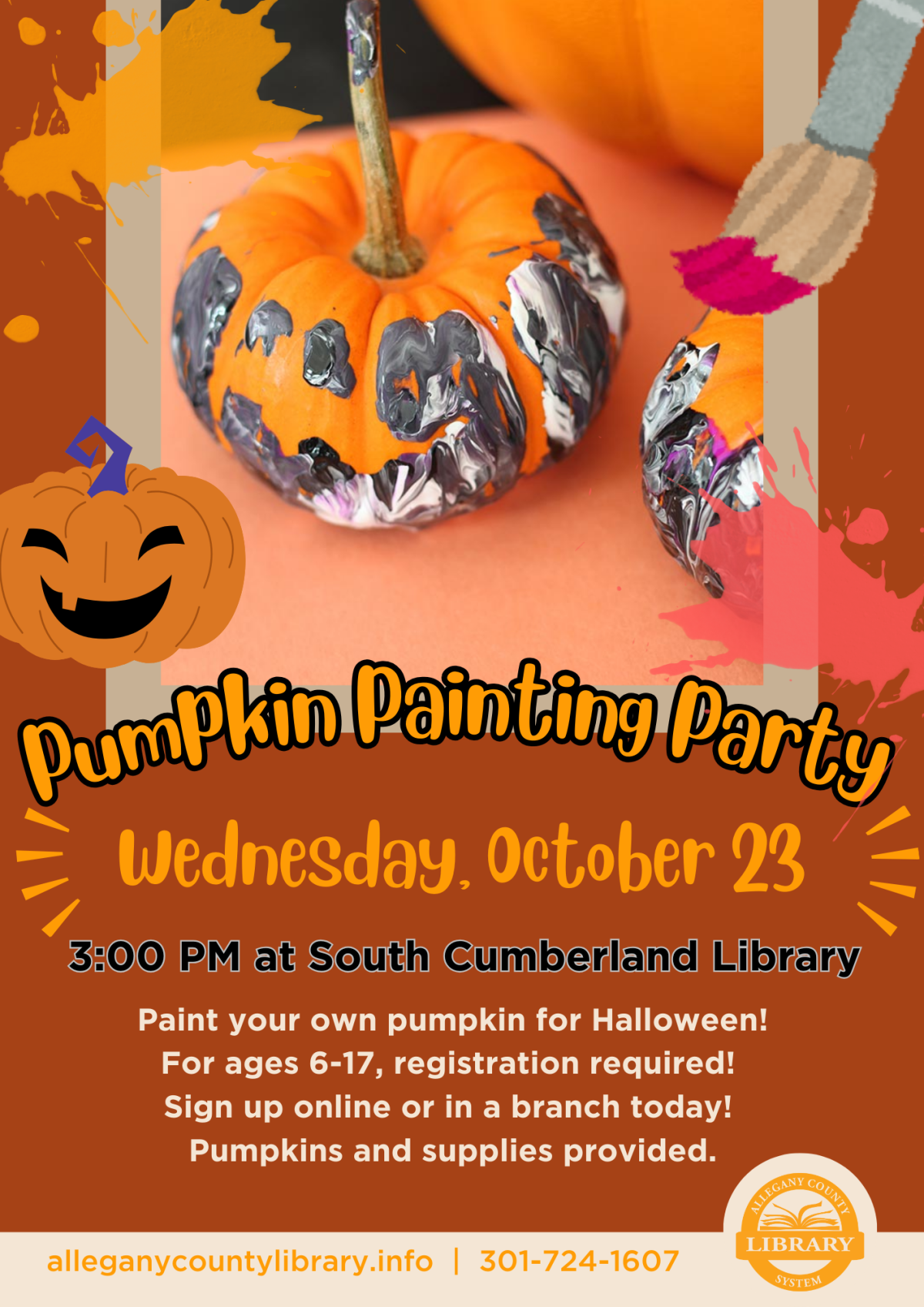 Image of a flyer for the pumpkin painting party, which features a picture of a pumpkin with swirls of paint on it, as well as clipart of paint splatters, a brush, and a jack o' lantern.