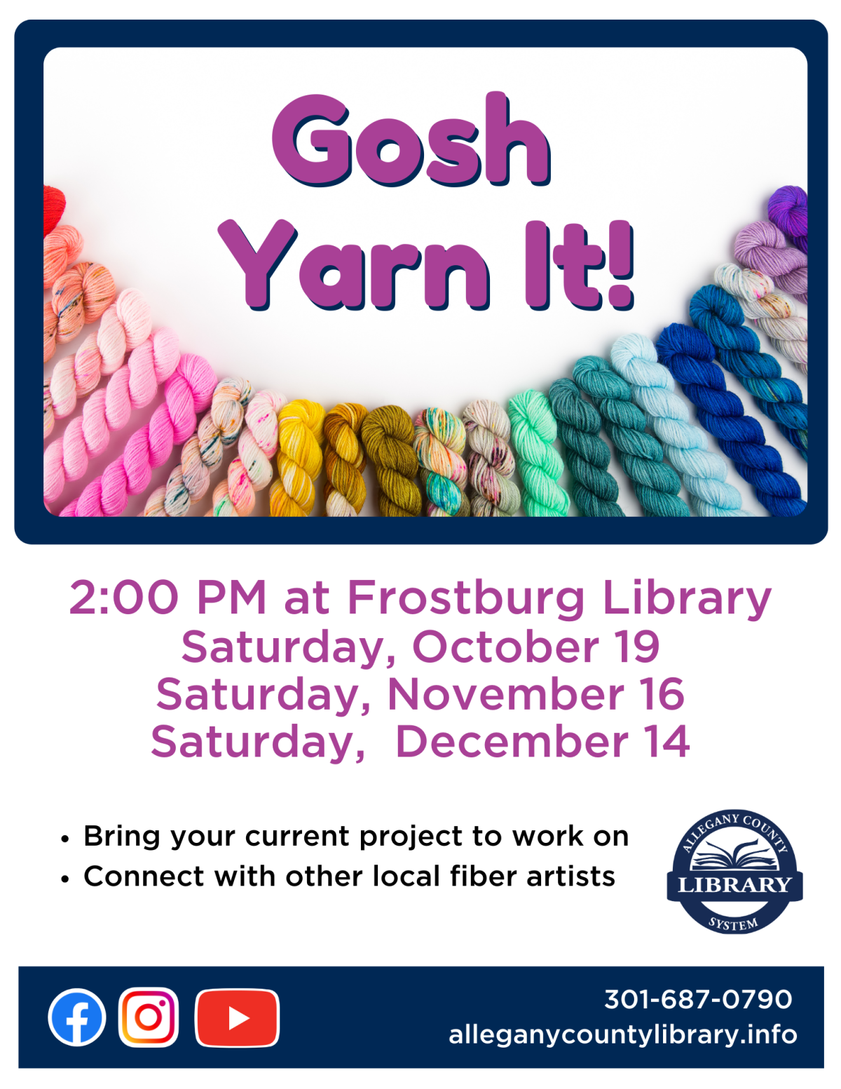 Colorful yarn advertising Gosh Yarn It event. See event description for more information.