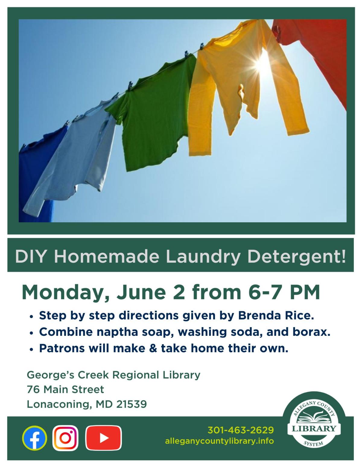 Flyer of DIY laundry detergent event scheduled 6-2-2025.