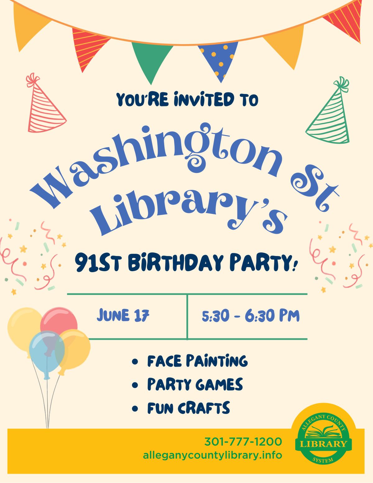 Washington Street Library's 91st Birthday Party flyer