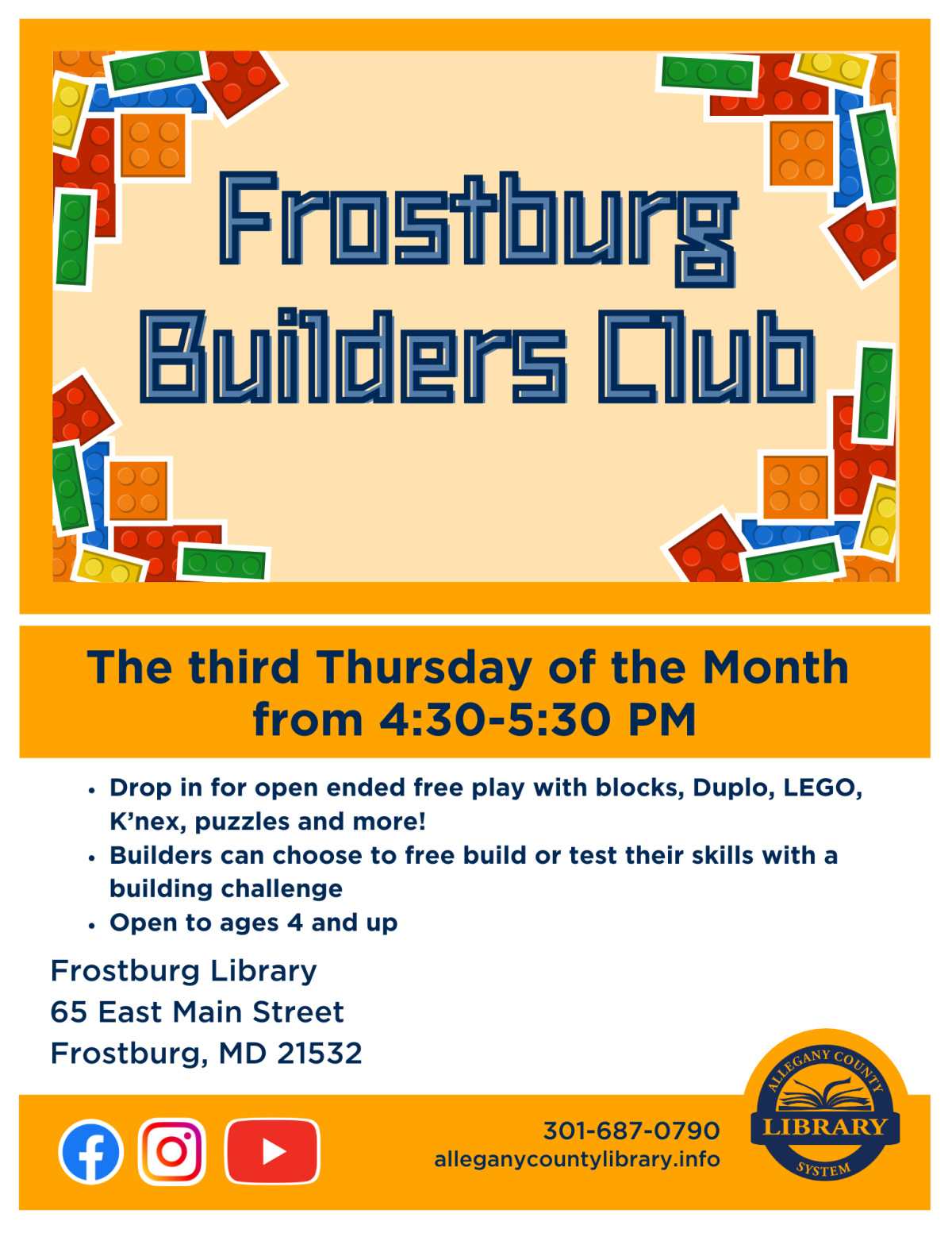 Gold background with LEGO bricks, Builders Club Third Thursday of the month at 4:30