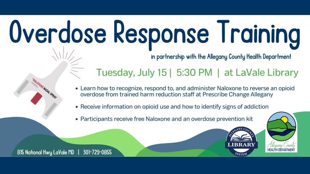 Blue and green image depicting event details; a white and red illustrated naloxone inhaler is shown