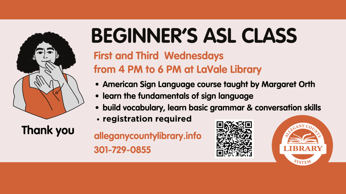 American Sign Language class flyer.  Two illustrations of people signing with event information.