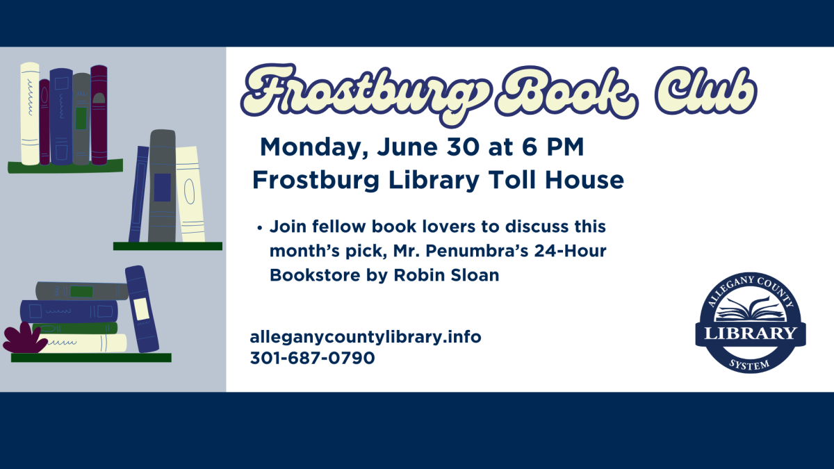 blue books and retro font, book club pic is Mr. Penumbra's 24-Hour Bookstore by Robin Sloan