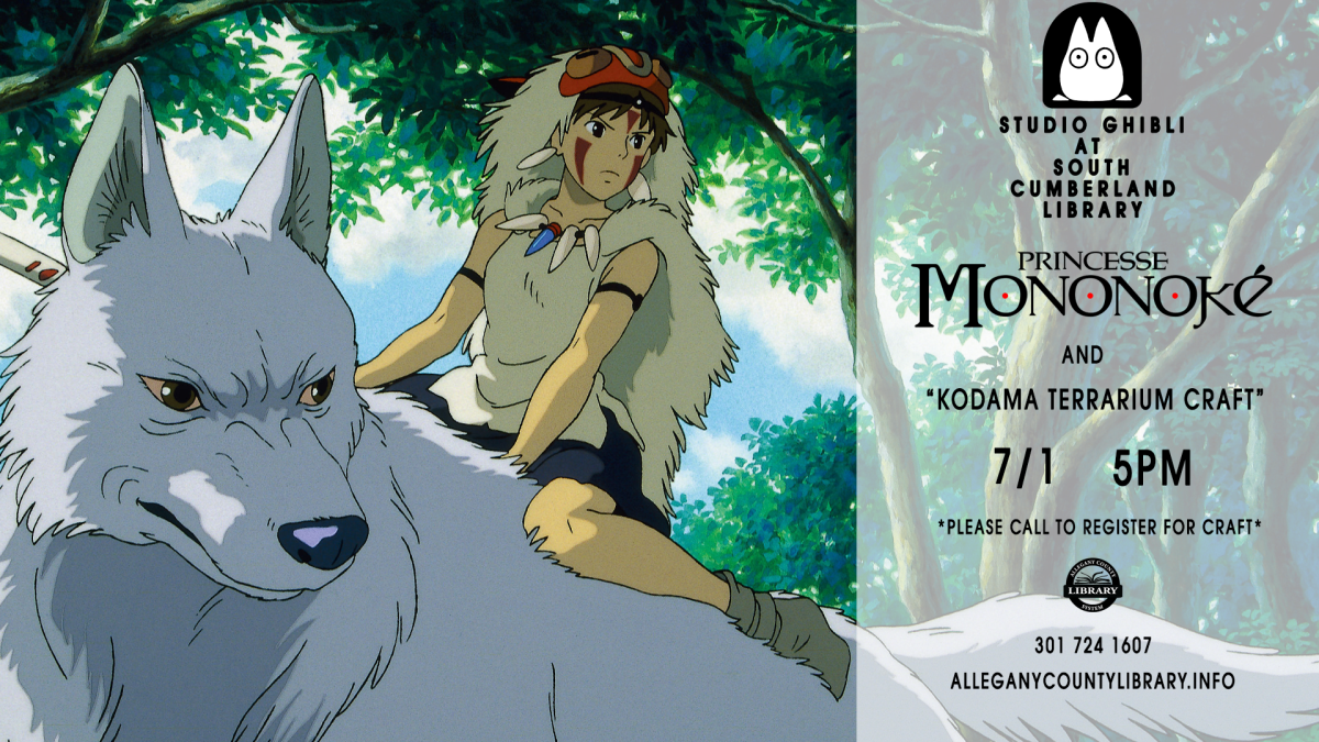 Princess Mononoke movie screening poster - south cumberland library on 7/1 at 5PM