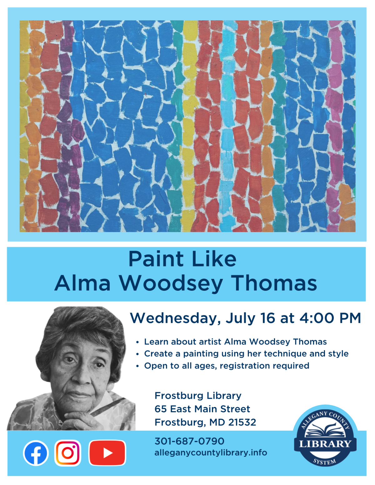colorful painting in the style of alma woodsey thomas. event details in description