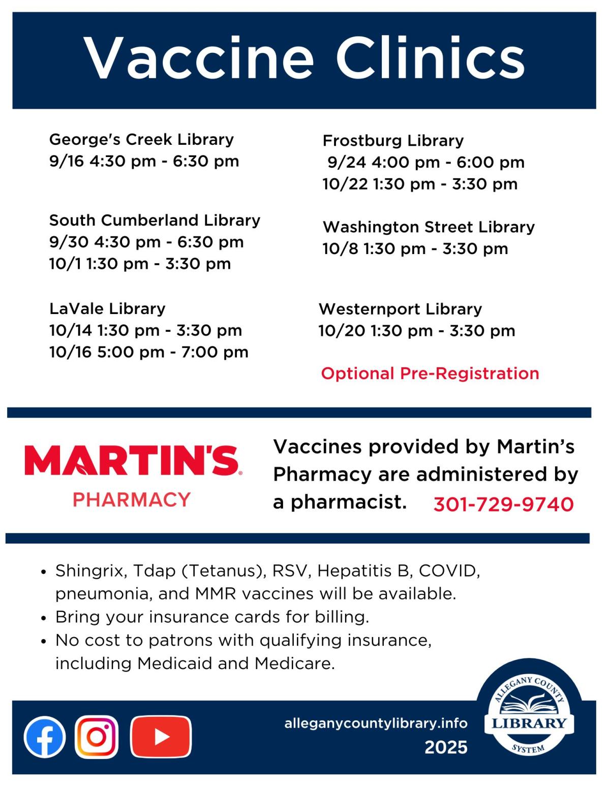 Vaccine Clinic flyer with list of dates and vaccines available