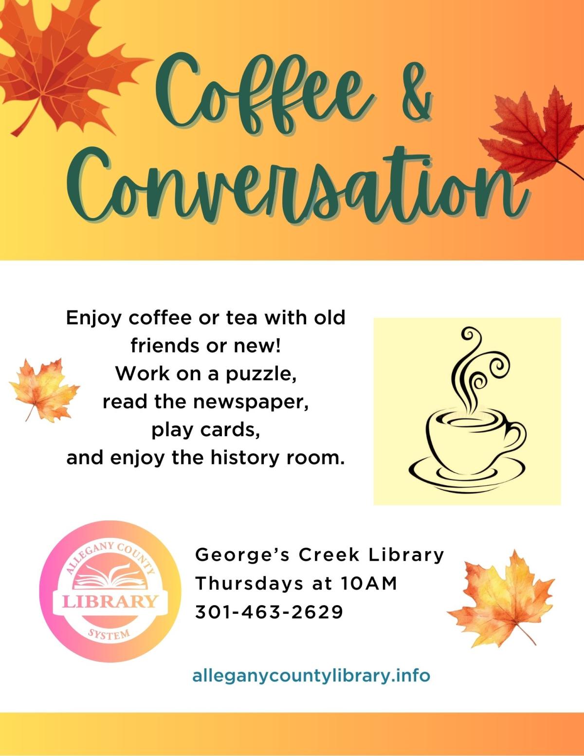 Coffee and Conversation event details with retro coffee cup smiling 