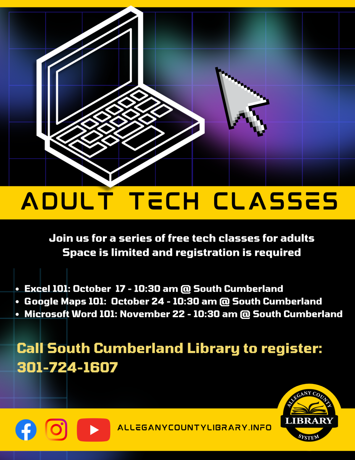 Adult Tech Classes at South Cumberland Library flyer