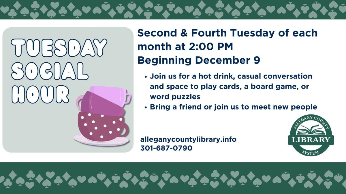 Purple tea cups stacked with bold text 'Tuesday Social Hour' All event details in description