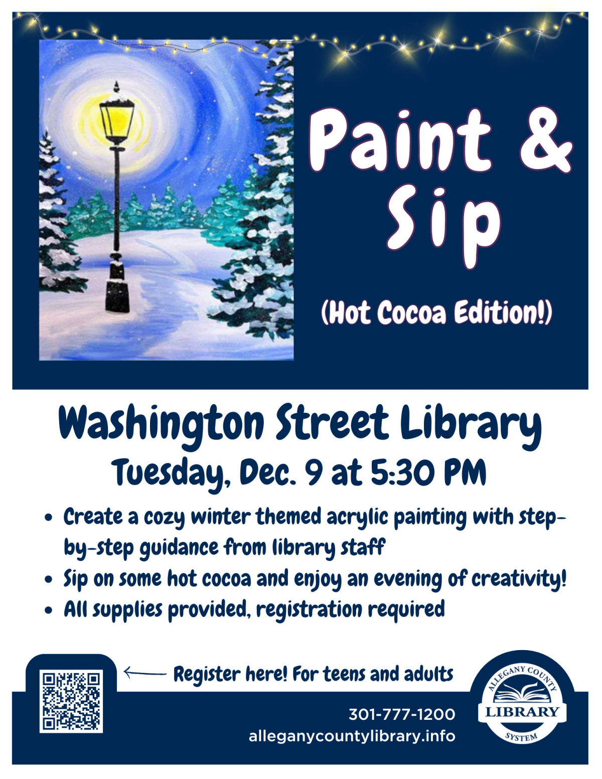 Paint and sip flyer, painting of a snowy park with trees and shining lamppost 