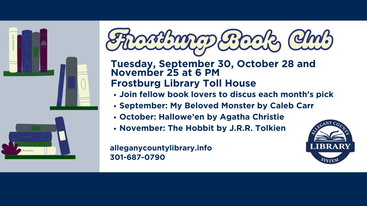 All details in event description. blue tinted books on floating shelves with retro font