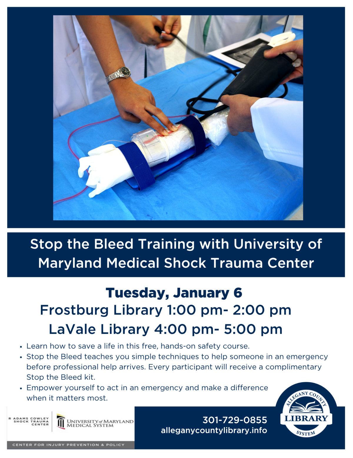 Flyer for Stop the Bleed Program at Frostburg Library and LaVale Library