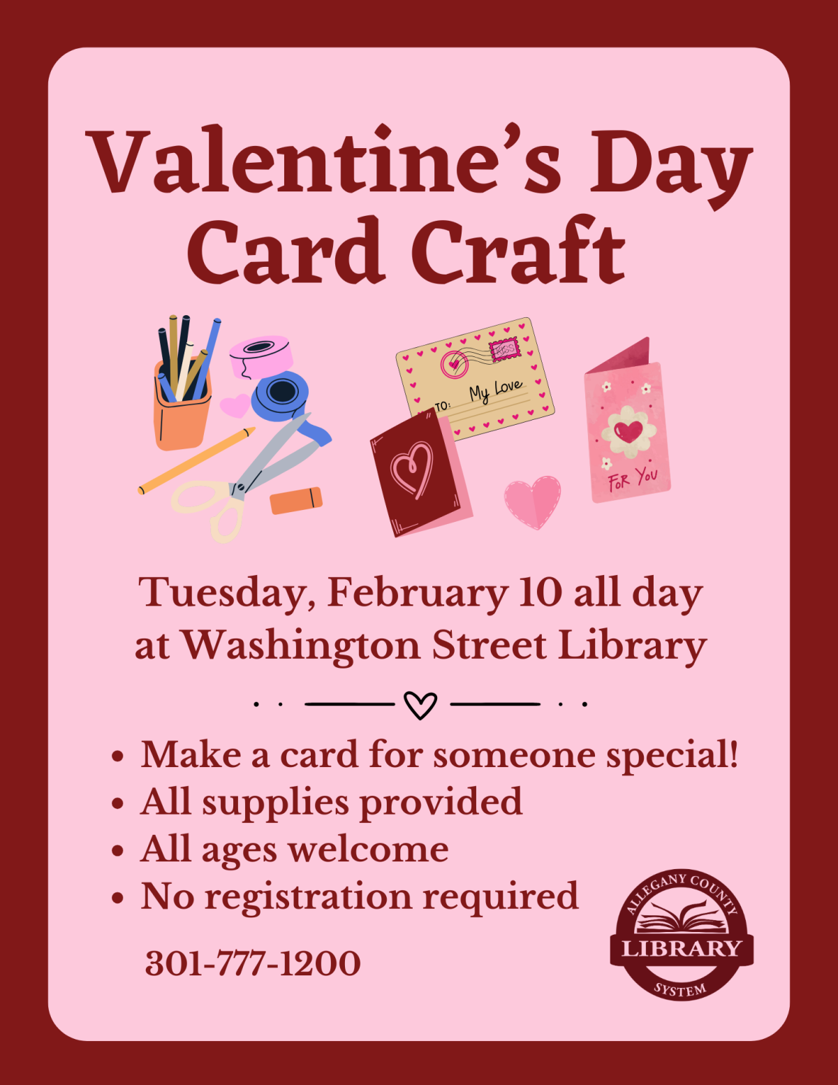 Valentine's day card craft graphic, pink and red with craft supplies and cards