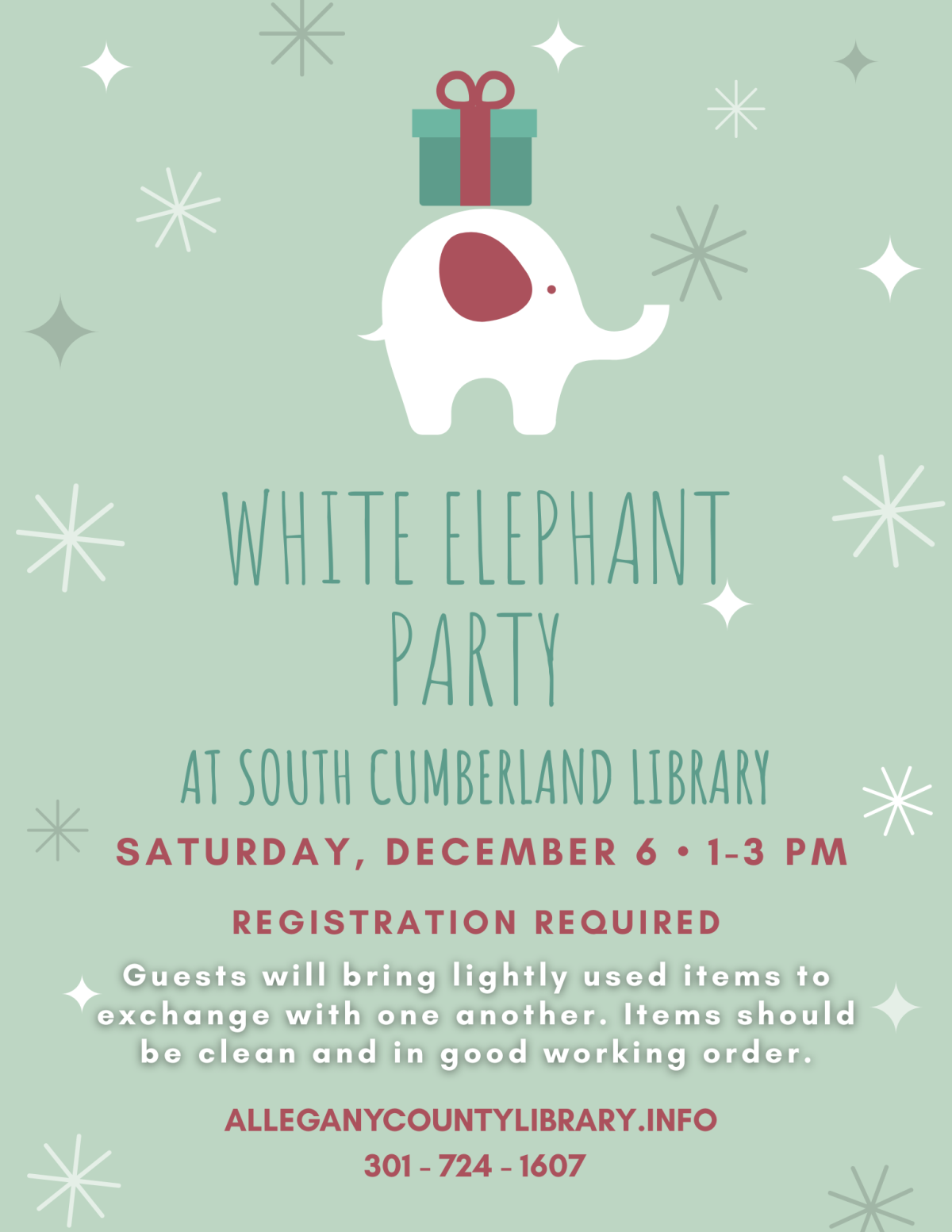White Elephant Party at South Cumberland Library Flyer