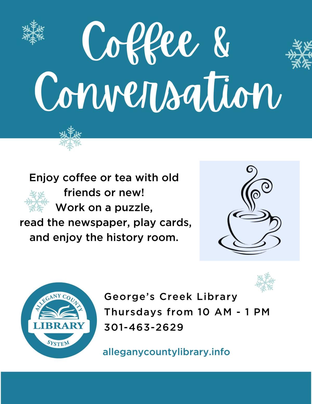 Coffee and Conversation event details with retro coffee cup smiling 