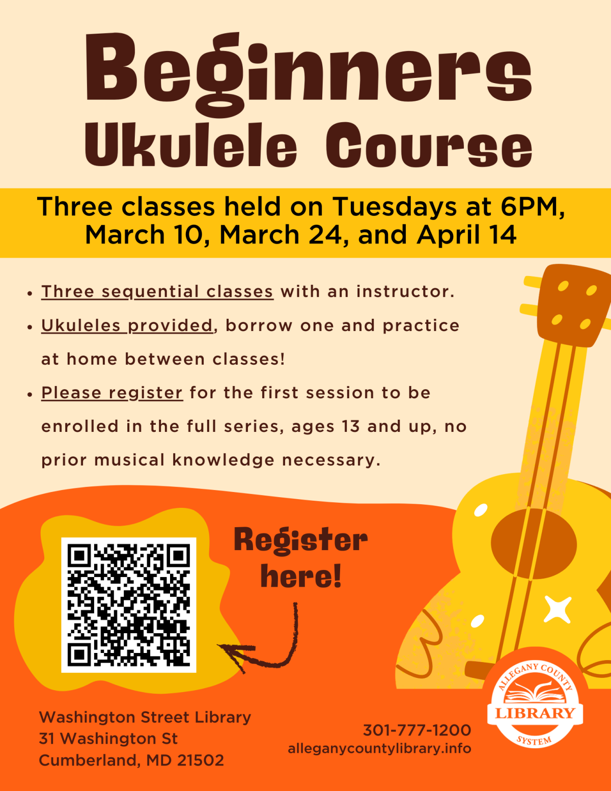 Yellow ukulele and QR code with event details