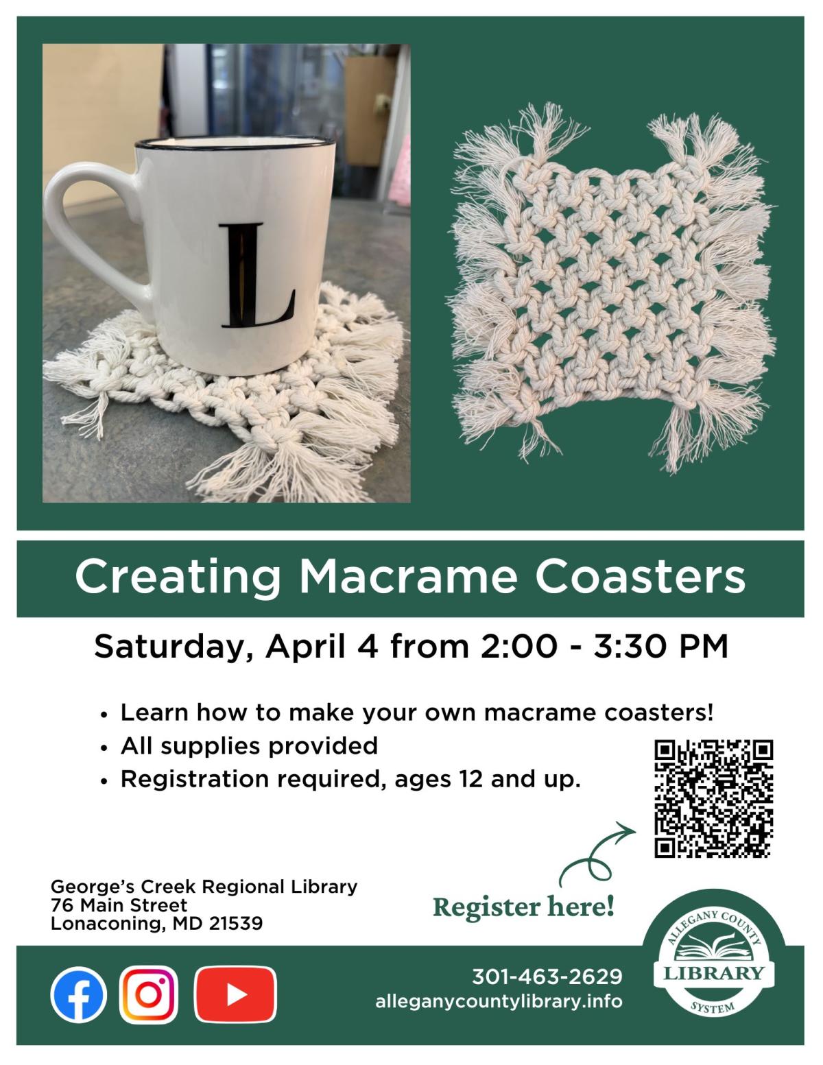 Graphic of Creating Macrame Coasters at George's Creek Library.